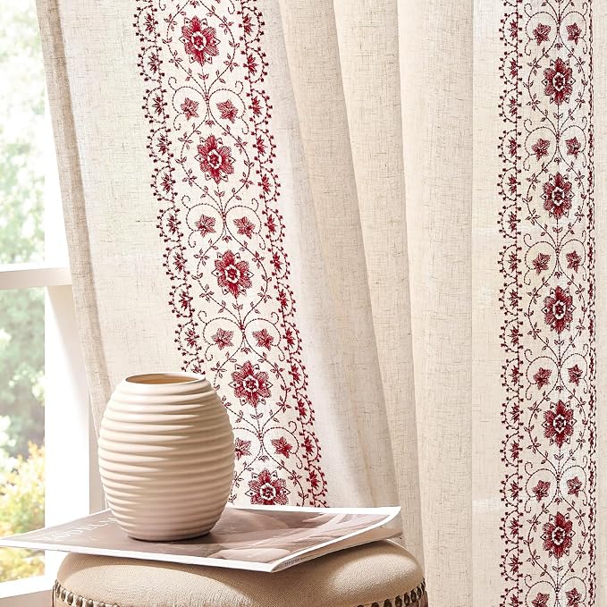 jinchan Floral Linen Curtains Embroidered Back Tab 50x84in 2 Panels Red | Light by JINCHAN