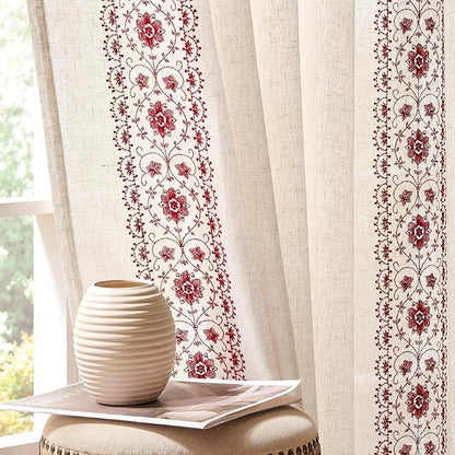jinchan Floral Linen Curtains Embroidered Back Tab 50x63in 2 Panels Red | Light by JINCHAN