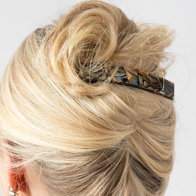 Faux Shell Hair Barrette for Thin Hair, Classic Rectangle French Barrette for Women, Lightweight and Comfortable, Strong Hold, Onyx Grey | France Luxe