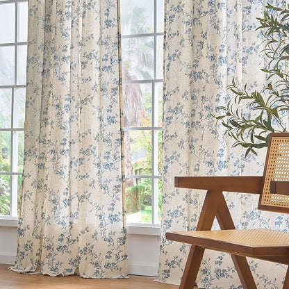 Blue Vintage Floral Linen Curtains Farmhouse 50W X 90L 2 Panels | Elisa Series - Image 7
