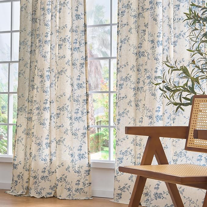 Blue Vintage Floral Linen Curtains Farmhouse 50W X 96L 2 Panels | Elisa Series - Image 7