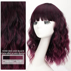Nnzes Short Wavy Bob Wig with Bangs for Women Shoulder Length Curly Wine Red and Black Synthetic Heat-Resistant Fiber Hair for Daily & Party Use