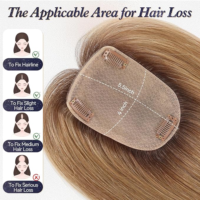 starluck Human Hair Toppers for Women Real Human Hair With Bangs 4 * 5.5 inch Base 12 inch SilkHug Topper for Women with Thinning Hair Cover Grey Roots(Ombre Light Brown)