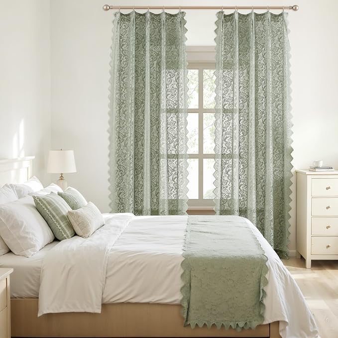 Bujasso Sage Green Lace Pinch Pleat Curtains 84 inch, Vintage Floral Sheer - Image 8