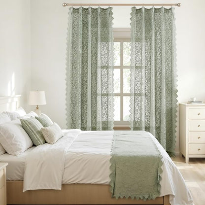 Bujasso Sage Green Lace Pinch Pleat Curtains 84 inch, Vintage Floral Sheer - Image 8