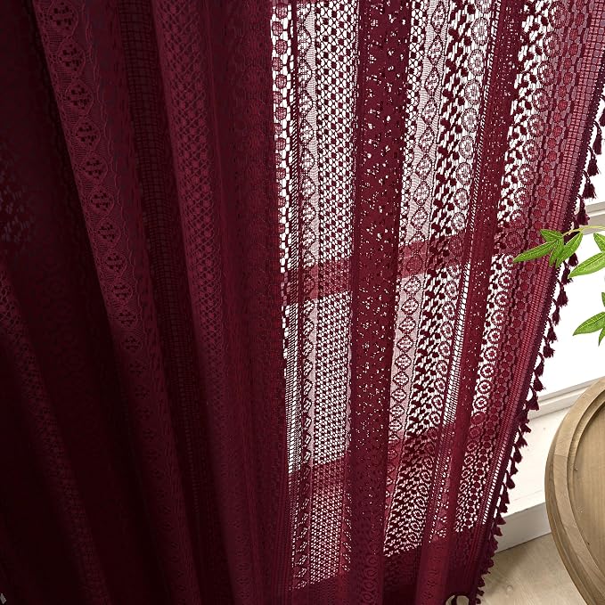WAZZIO Boho Lace Curtains 63 Inches 2 Panel, Light Filtering Privacy Tassel & - Image 3