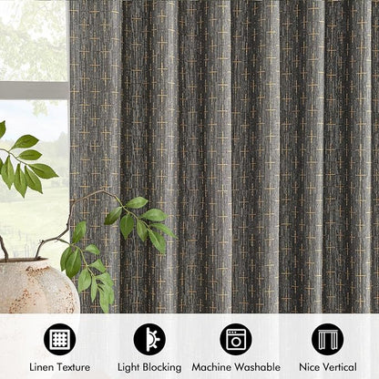 MIULEE Patterned Farmhouse Linen Curtains, Back Tab, Dark Grey | Linen Curtains - Image 4