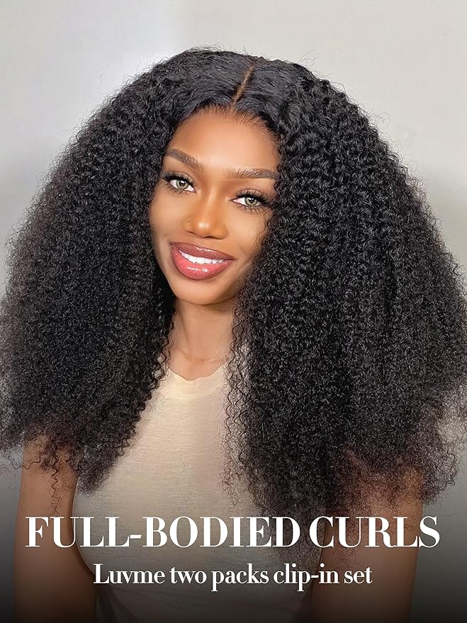 LUVME Kinky-curly Seamless 2 Pack 18inch 270g 18Pcs Clip in Hair Extensions Full Head with Remy Human Hair Extensions, Natural Black Hair for Women
