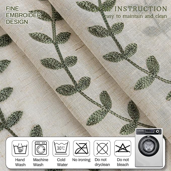 2 Panels Linen Leaf String Floral Embroidered Semi Sheer Curtain Farmhouse - Image 6