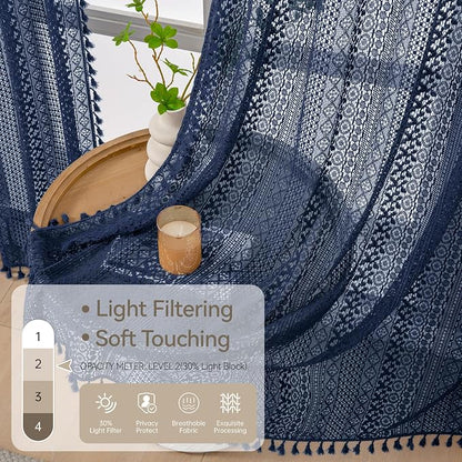 WAZZIO Boho Lace Curtains 84 Inches 2 Panel, Light Filtering Privacy Tassel & - Image 3
