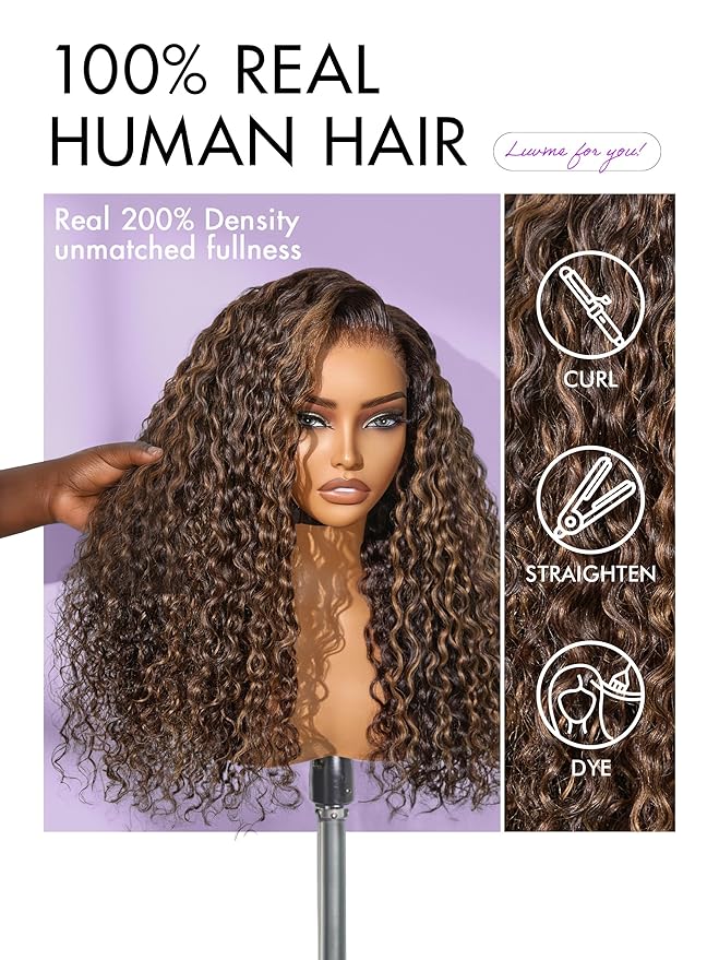 LUVME HAIR 7x6 HD Lace All-Day Comfort Wig PartingMax Lace Wigs Water Wave Curly Lace Front Wigs Human Hair Pre Cut Plucked Lace Frontal Glueless 26 Inches Hlighlight Color