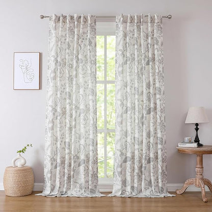 Kayne Studio Linen Grey Curtain Panels Linen Textured Botanical Leaf Print by KayneStudio