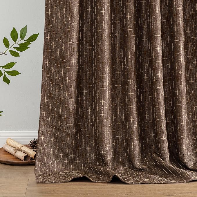 MIULEE Patterned Farmhouse Linen Curtains, Back Tab, Dark Coffeen | Linen - Image 6