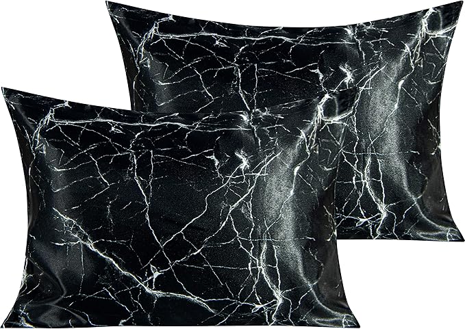 NTBAY 2 Pack Satin Standard Pillowcases for Hair and Skin, Luxurious and Silky Marbling Printed Pillow Cases with Envelope Closure, 20x26 Inches, Black