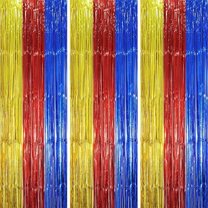 Voircoloria 3 Pack 3.3 x 8.2 ft Blue Red Gold Foil Fringe Backdrop Curtains by Voircoloria