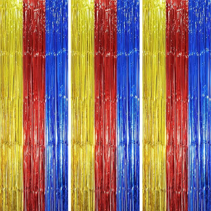 Voircoloria 3 Pack 3.3 x 8.2 ft Blue Red Gold Foil Fringe Backdrop Curtains by Voircoloria