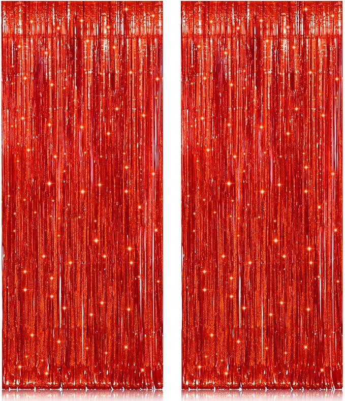 2 Pack 3.2ft x 8.2ft Red Foil Fringe Curtain, Glitter Metallic Tinsel Foil by welcomePIGETALE