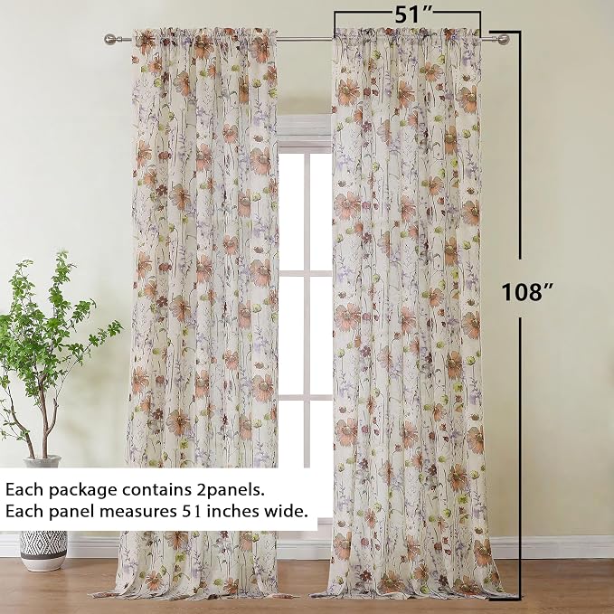 Printed Sheer Curtains 108 Inches Extra Long 2 Panels Set, Sheer Floral - Image 4