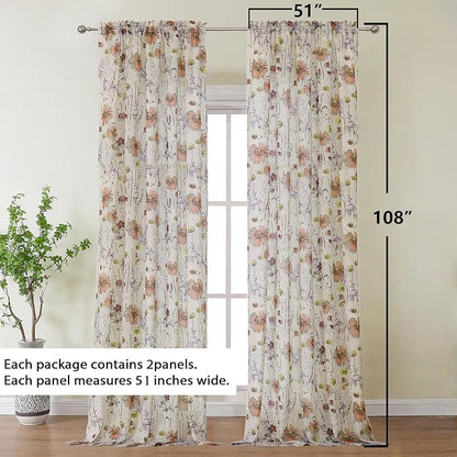 Printed Sheer Curtains 108 Inches Extra Long 2 Panels Set, Sheer Floral - Image 4