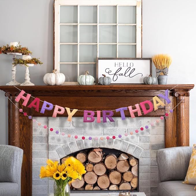 Pre-Strung 3D Felt Happy Birthday Banner, Max span 10ft, NO DIY, Includes Pom - Image 2
