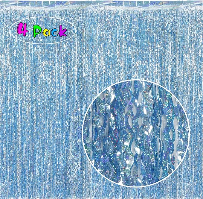 4 Pack Wavy Blue Tinsel Backdrop Streamers Party Decorations 3.3x6.6 Feet | - Image 2