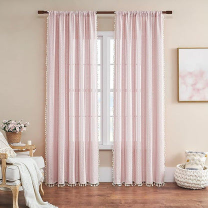 Linen Boho Pink Embroidered Curtains - Image 2