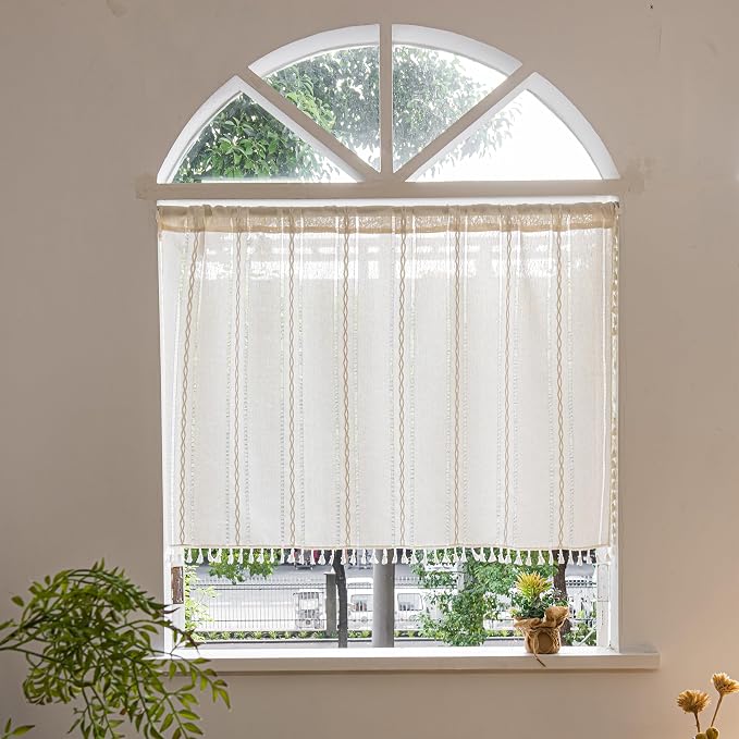 Sutuo Home Ivory Boho Curtain 52W x 36L inch White Striped Light Filtering - Image 7