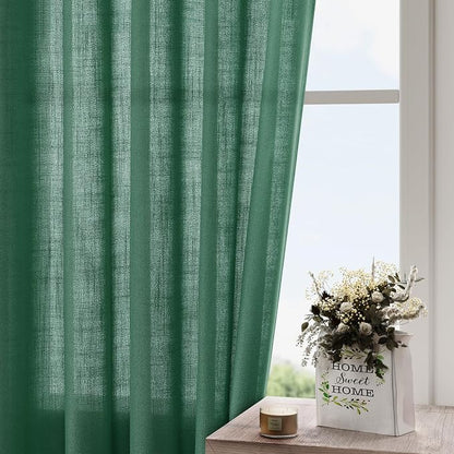 Dark Green Linen Curtains 96 Inches Long 2 Panels Set - Image 4