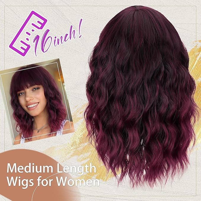 Nnzes Short Wavy Bob Wig with Bangs for Women Shoulder Length Curly Wine Red and Black Synthetic Heat-Resistant Fiber Hair for Daily & Party Use