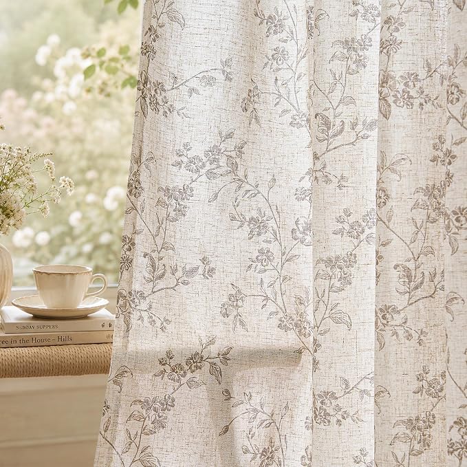 jinchan Taupe Floral Linen Curtains 108 Inch Farmhouse Back Tab 2 Panels | by JINCHAN