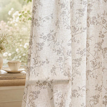 jinchan Taupe Floral Linen Curtains 96 Inch Farmhouse Back Tab 2 Panels | Taupe by JINCHAN