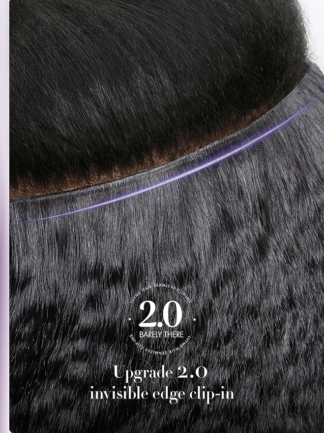 LUVME Invisible Clip in Hair Extensions, Kinky Straight Real Human Hair Remy Hair Clip ins for Women, Natural Human Hair, 22 inch 110g 7Pcs, Natural Black