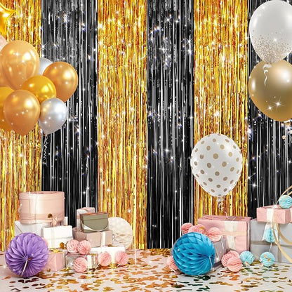 2Pack Black Gold Metallic Tinsel Foil Fringe Curtains, Door Streamers Photo - Image 5