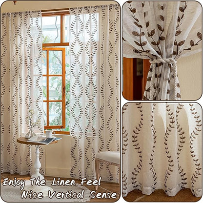 2 Panels Linen Leaf String Floral Embroidered Semi Sheer Curtain Farmhouse - Image 3