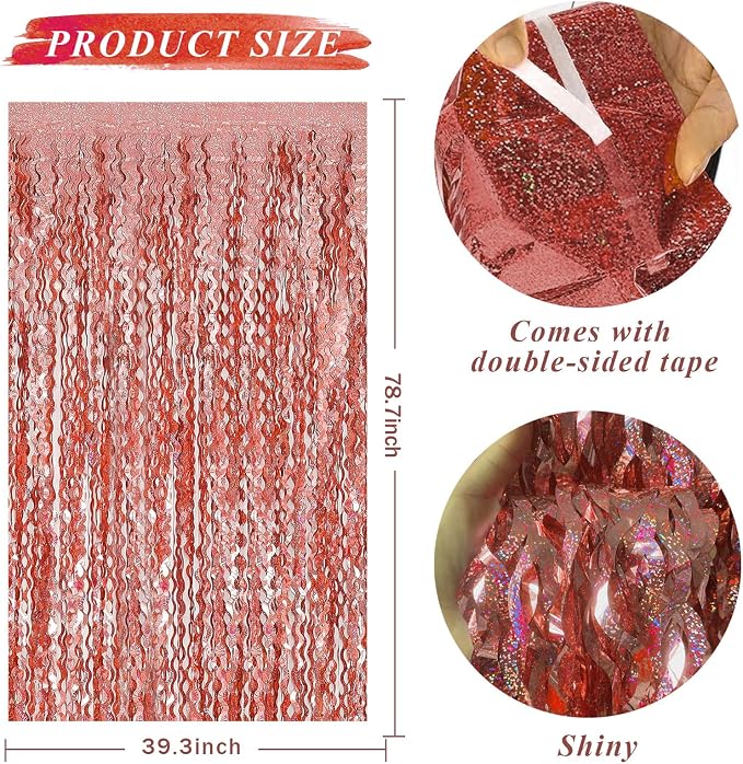 Rose Gold Tinsel Foil Fringe Curtains Wavy Backdrop - Image 2