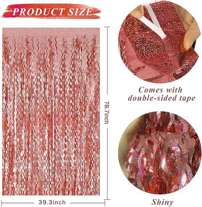 Rose Gold Tinsel Foil Fringe Curtains Wavy Backdrop - Image 2