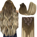 GOO GOO Clip in Hair Extensions Real Human Hair, Remy Human Hair Extensions Clip ins for Women, Natural Human Hair, 22inch 170g 7Pcs, #3/8/613 Balayage Walnut Brown to Ash Brown and Bleach Blonde
