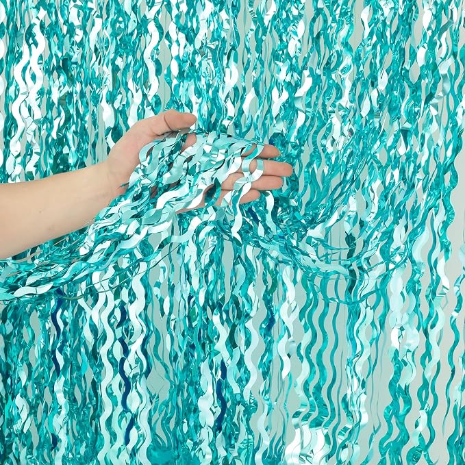 4 Pack 3.3 ft x 6.6 ft Wavy Aqua Teal Blue Tinsel Foil Fringe Curtains Backdrop - Image 2