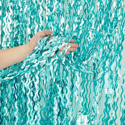 4 Pack 3.3 ft x 6.6 ft Wavy Aqua Teal Blue Tinsel Foil Fringe Curtains Backdrop - Image 2