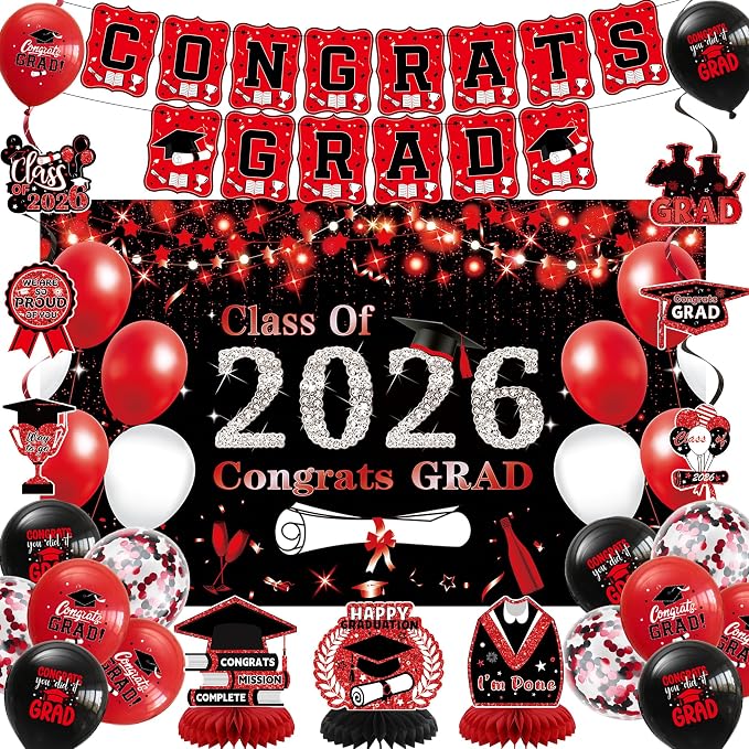 DARUNAXY Black Red Graduation Party Decorations, 2026 Congrats Grad Honeycomb by DARUNAXY