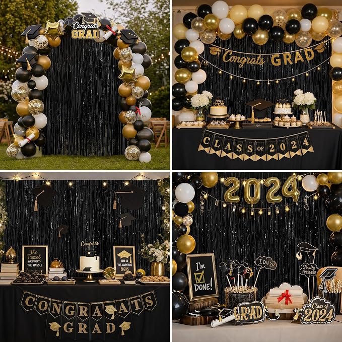 Black Fringe Curtain Party Streamers 2Pack 3.3x8.3 Ft Foil Fringe Backdrop - Image 8