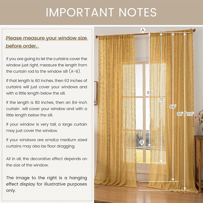 WAZZIO Boho Lace Curtains 72 Inches 2 Panel, Light Filtering Privacy Tassel & - Image 8