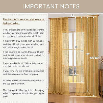 WAZZIO Boho Lace Curtains 72 Inches 2 Panel, Light Filtering Privacy Tassel & - Image 8
