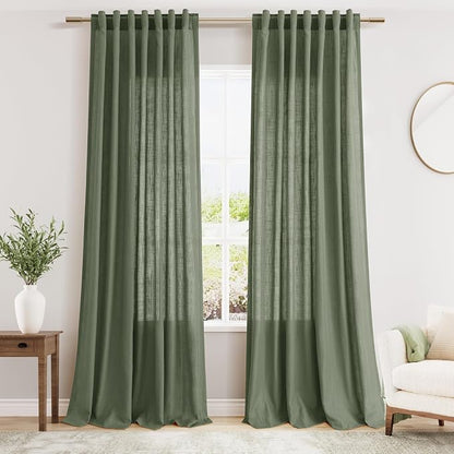 Olive Green Linen Curtains for Living Room 2 Panels Set 92 Inch Length Back Tab by Nanspring