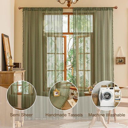 Sutuo Home Olive Green Boho Lace Curtains 84 Inches Long - Image 2