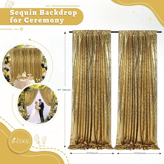Black Gold Sequin Backdrop Curtains Party Glitter Drapes 2 Pcs 2FTx8FT | - Image 2