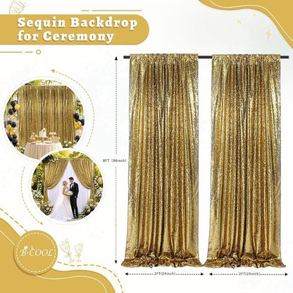 Black Gold Sequin Backdrop Curtains Party Glitter Drapes 2 Pcs 2FTx8FT | - Image 2