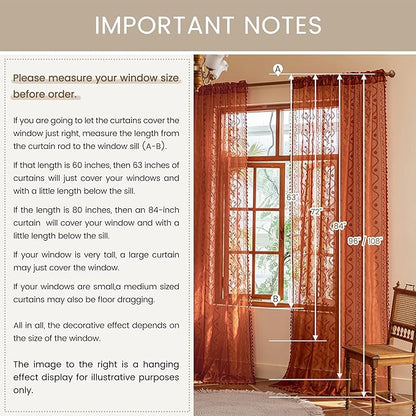 WAZZIO Boho Lace Curtains 80 Inch 2 Panels-Vintage Sheer Panel Drape Floral - Image 8