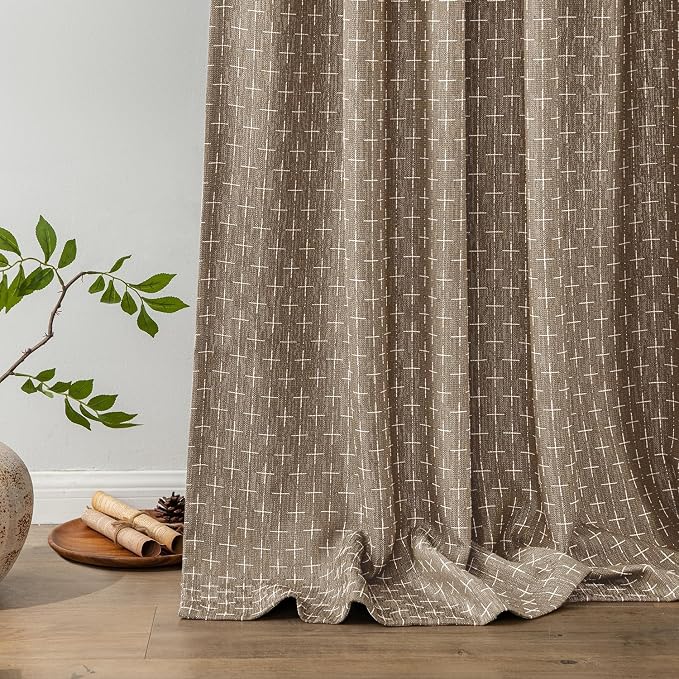 MIULEE Patterned Farmhouse Linen Curtains, Back Tab, Light Brown | Linen - Image 5
