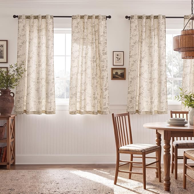 jinchan Taupe Floral Linen Curtains 63 Inch Flower Drapes Back Tab 2 Panels | - Image 3